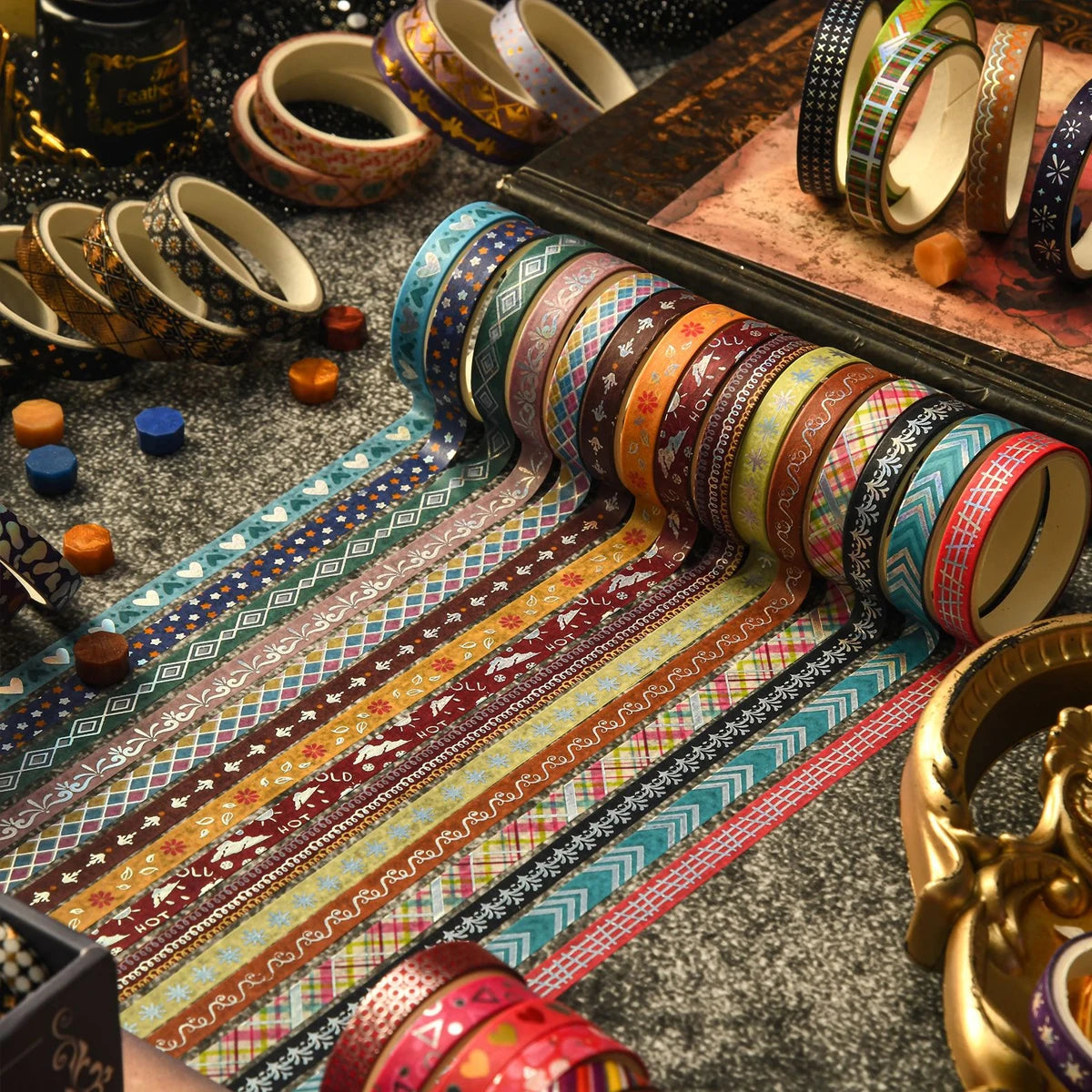 36rolls Slim golden foiled Washi Tapes Set 7mm (4 Options)