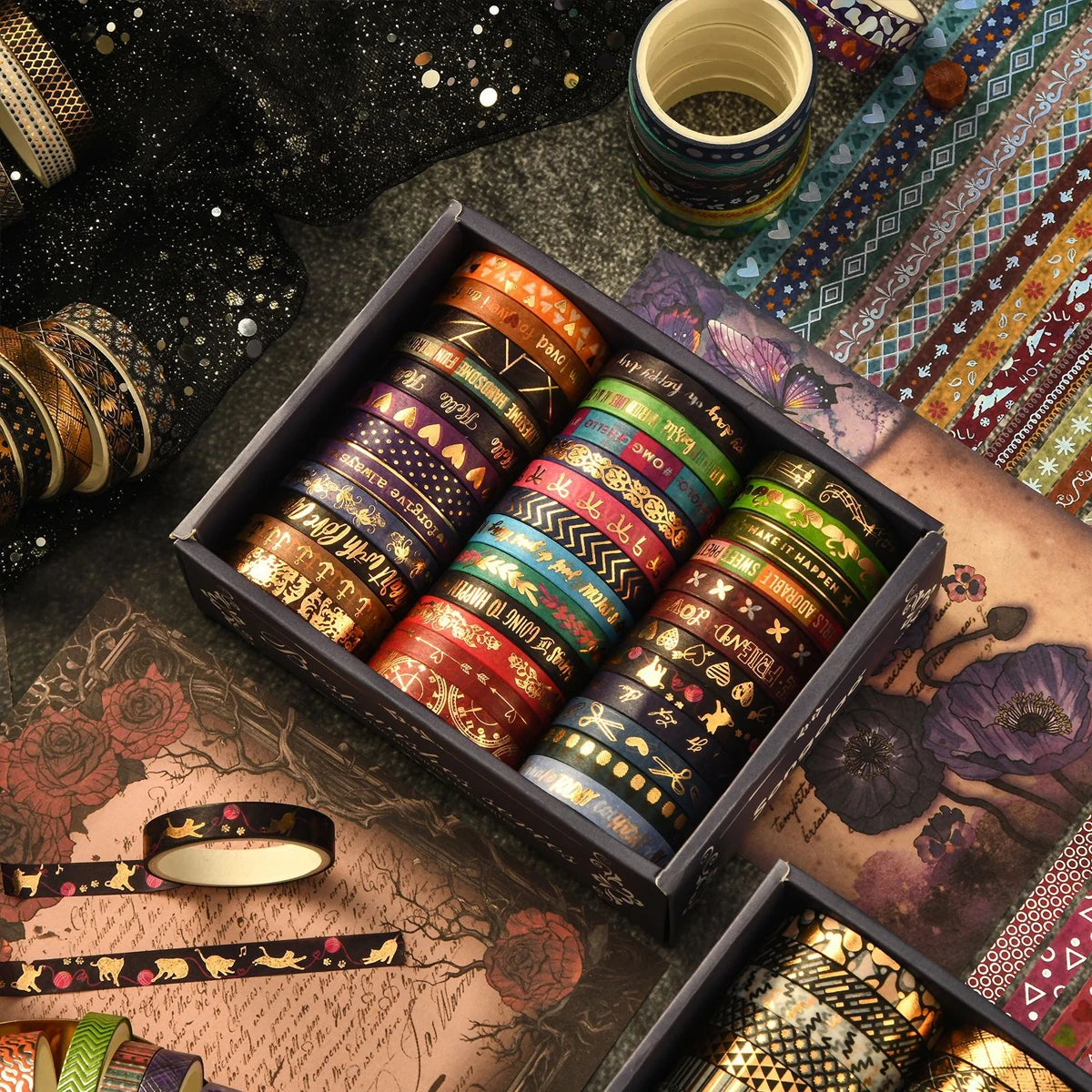 36rolls Slim golden foiled Washi Tapes Set 7mm (4 Options)