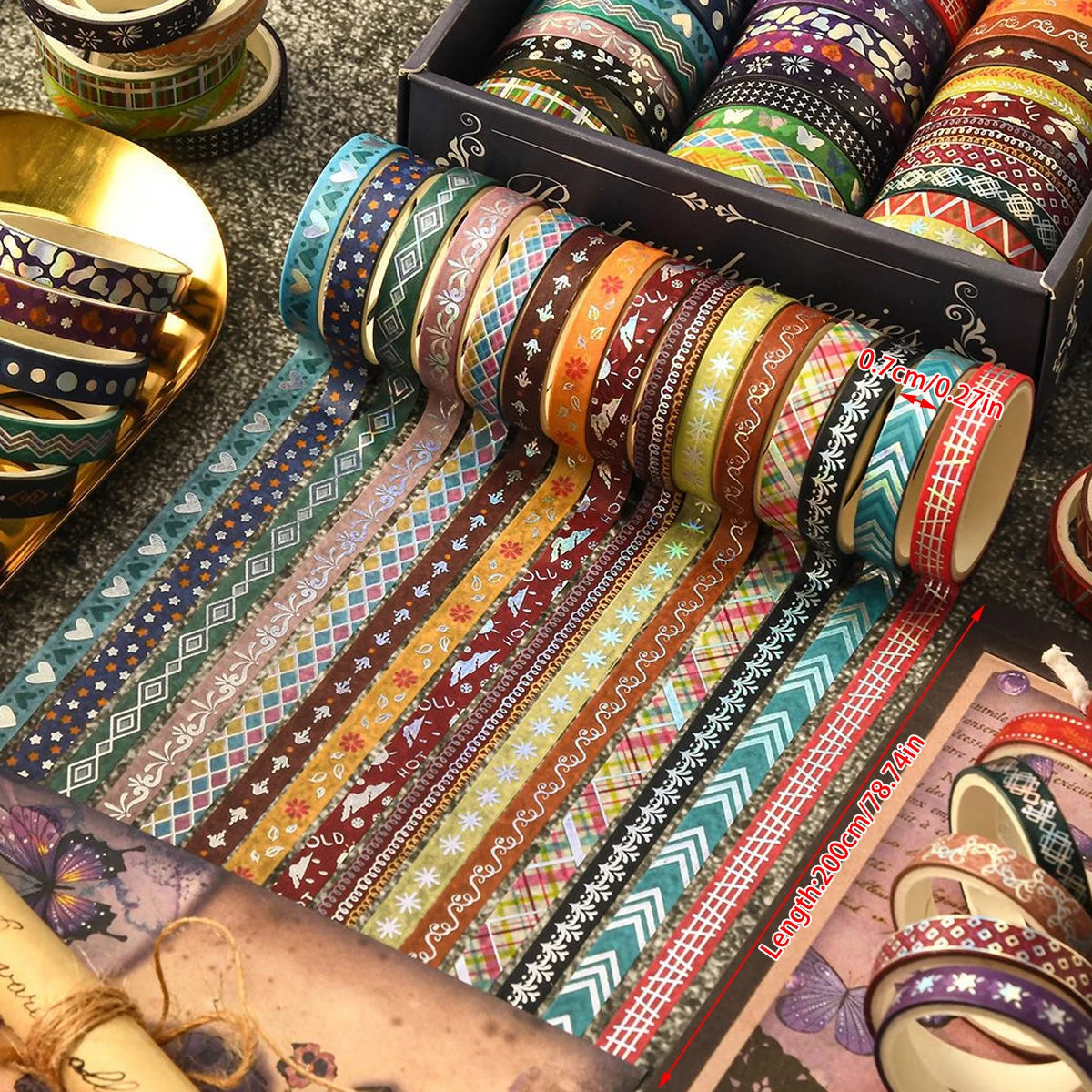 36rolls Slim golden foiled Washi Tapes Set 7mm (4 Options)